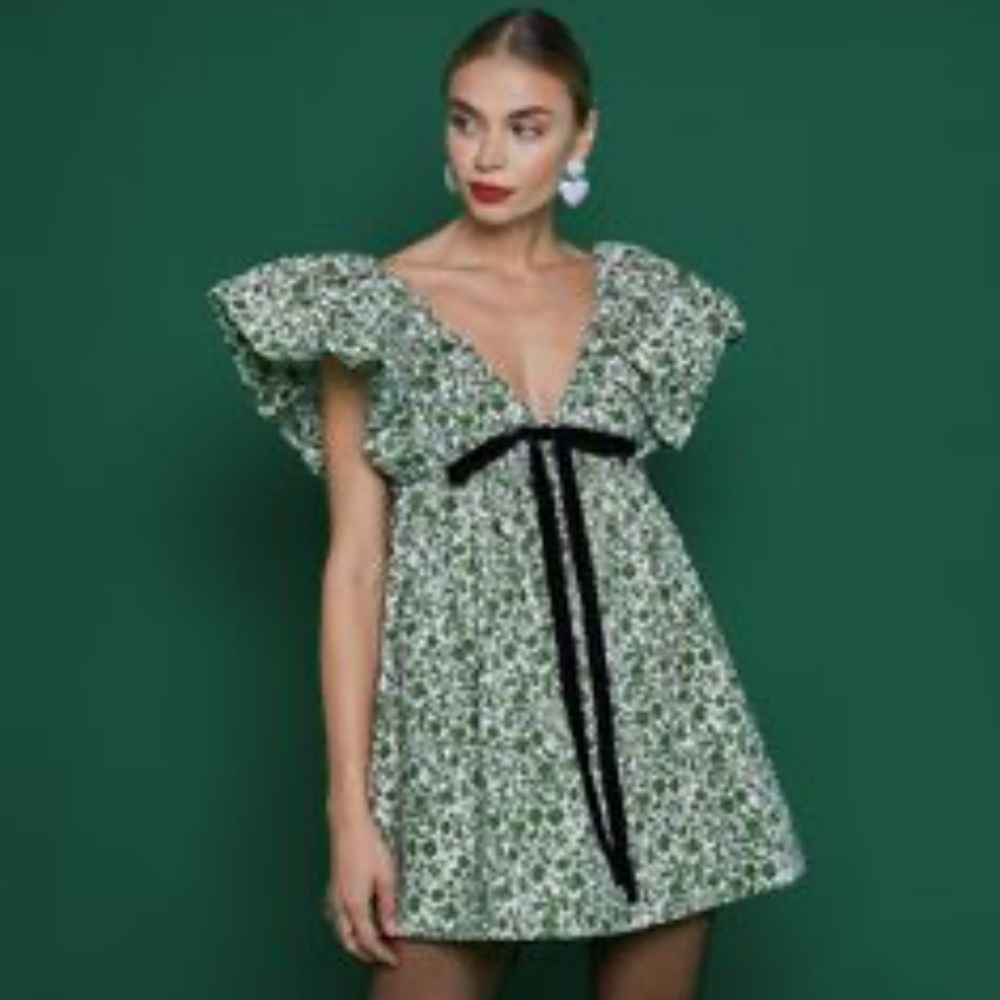 Anthropologie O.P.T Green Floral V Neck Didi Tie Front Ruffled Mini Dress S